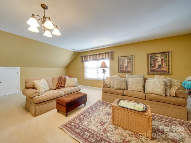 carpeted living room featuring lofted ceiling and an inviting chandelier