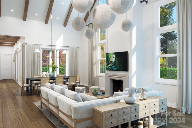 living room with beamed ceiling, a notable chandelier, dark hardwood / wood-style flooring, and high vaulted ceiling