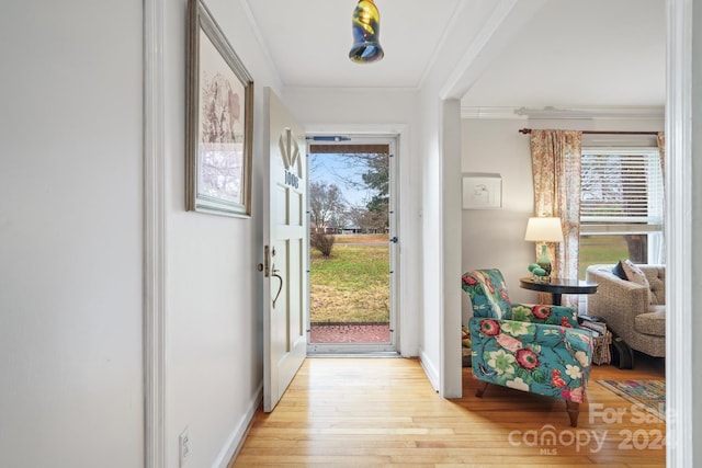 entryway with light wood-type flooring and ornamental molding