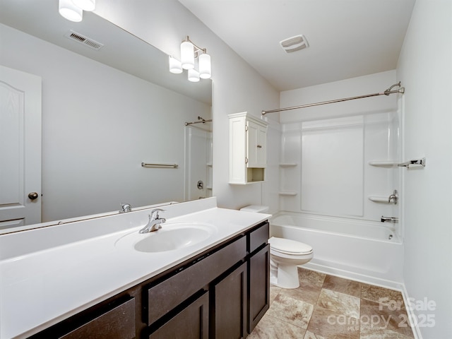 full bathroom with bathtub / shower combination, vanity, and toilet