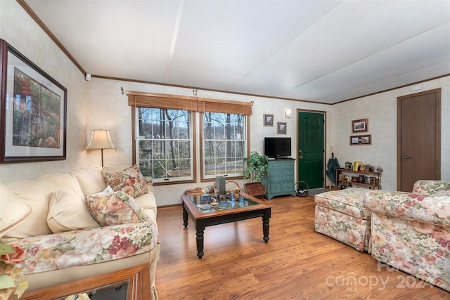 living room featuring crown molding and light wood-type flooring