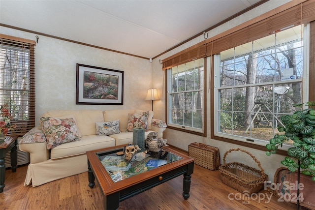 living room featuring wood-type flooring and ornamental molding