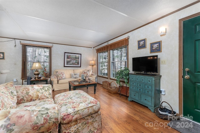 living room featuring plenty of natural light, light hardwood / wood-style floors, and a textured ceiling