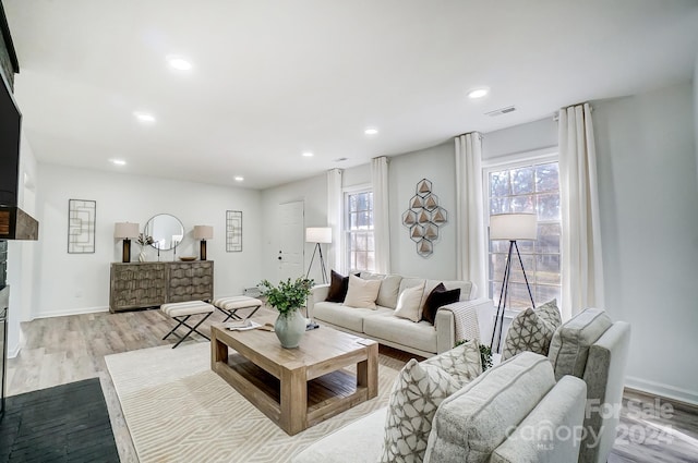 living room featuring light hardwood / wood-style floors and a fireplace