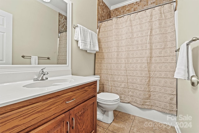 bathroom featuring vanity, tile patterned floors, toilet, ornamental molding, and curtained shower