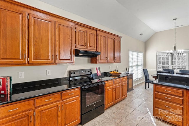 kitchen featuring light tile patterned flooring, vaulted ceiling, decorative light fixtures, a notable chandelier, and black range with electric cooktop