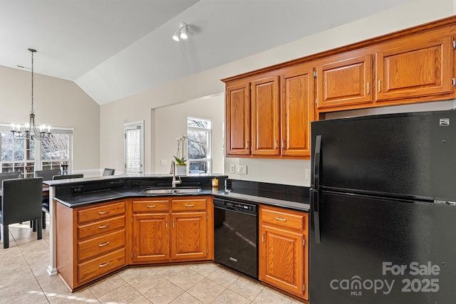 kitchen featuring sink, light tile patterned floors, an inviting chandelier, black appliances, and vaulted ceiling