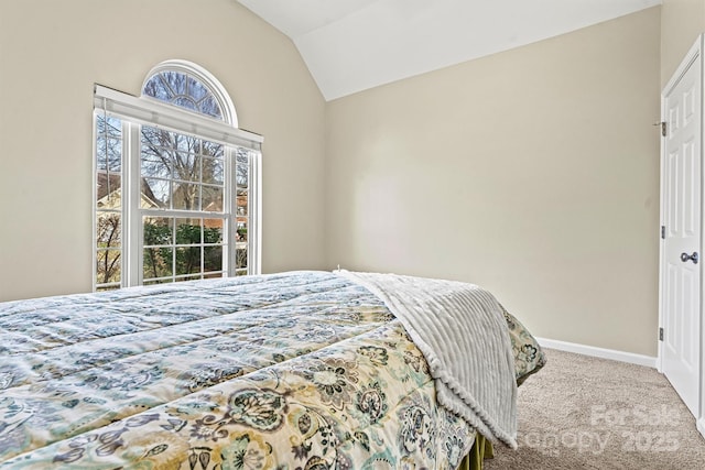 bedroom with lofted ceiling and carpet floors