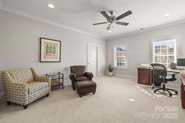 office space featuring carpet floors, crown molding, recessed lighting, a ceiling fan, and baseboards