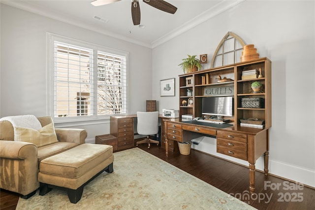 home office featuring dark wood-style floors, visible vents, ornamental molding, and baseboards