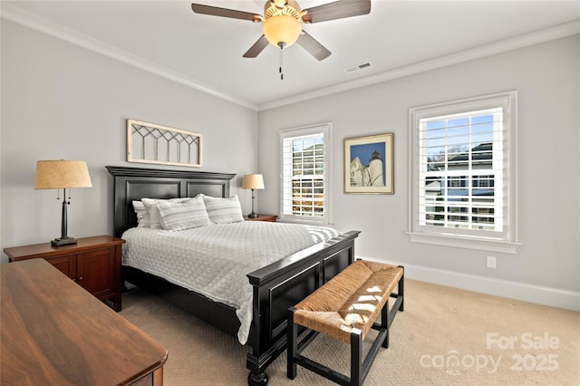 bedroom featuring ceiling fan, light colored carpet, visible vents, baseboards, and crown molding