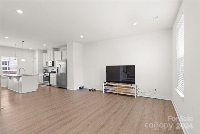 living room with light hardwood / wood-style floors and sink
