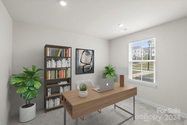 home office with light colored carpet