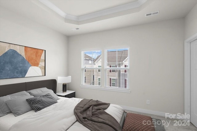 bedroom with carpet and a tray ceiling