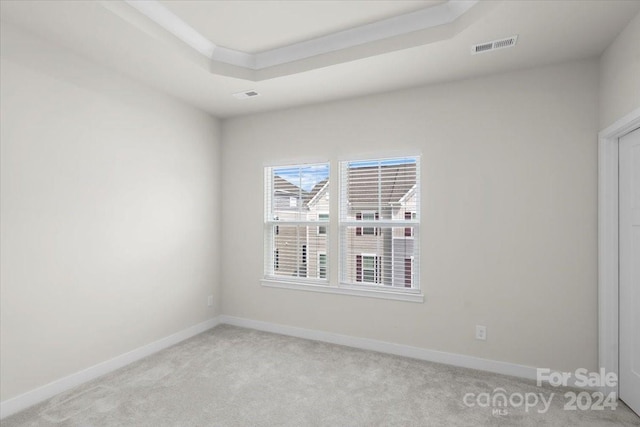 empty room with a raised ceiling and light carpet
