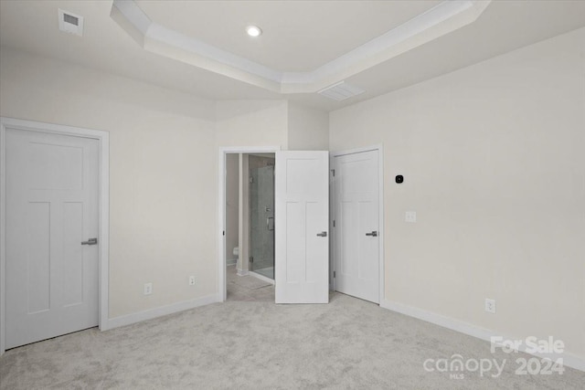 unfurnished bedroom featuring a raised ceiling and light colored carpet