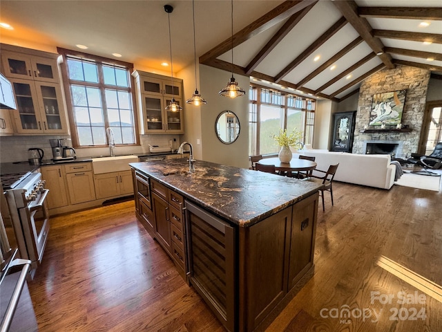 kitchen with sink, an island with sink, decorative light fixtures, and dark hardwood / wood-style floors