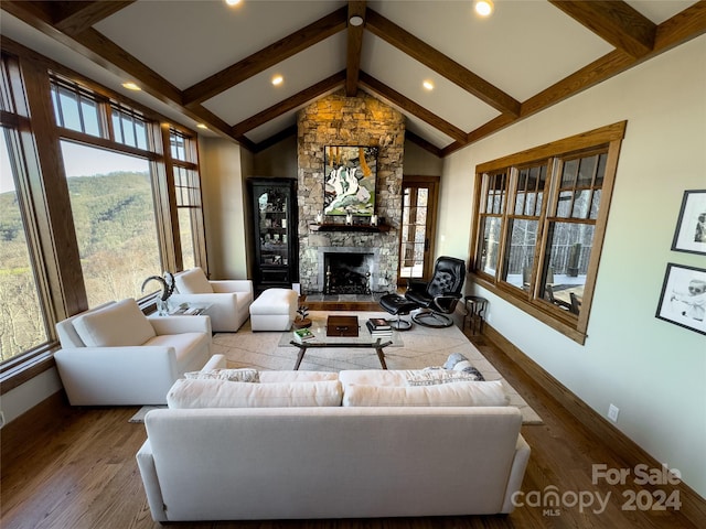 living room with a fireplace, beamed ceiling, a healthy amount of sunlight, and hardwood / wood-style flooring