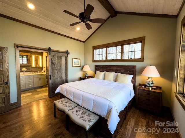 bedroom featuring ceiling fan, a barn door, wooden ceiling, and ensuite bathroom