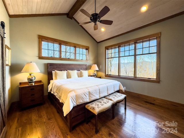 bedroom with ceiling fan, lofted ceiling with beams, wood ceiling, and dark wood-type flooring