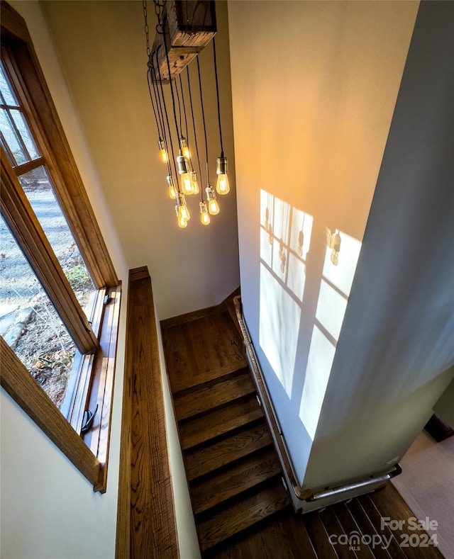 stairway with an inviting chandelier, a towering ceiling, a healthy amount of sunlight, and hardwood / wood-style flooring