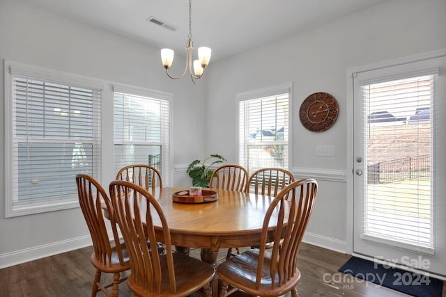 dining area featuring a chandelier, dark hardwood / wood-style floors, and a healthy amount of sunlight