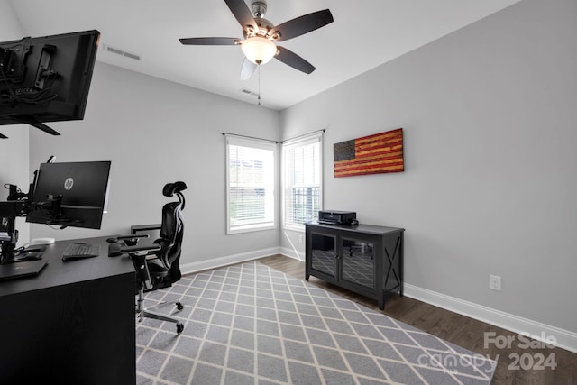 office area featuring ceiling fan and light hardwood / wood-style flooring