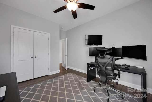 office featuring ceiling fan, dark hardwood / wood-style floors, and lofted ceiling