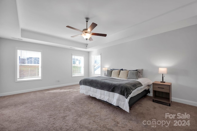 carpeted bedroom featuring a raised ceiling and ceiling fan