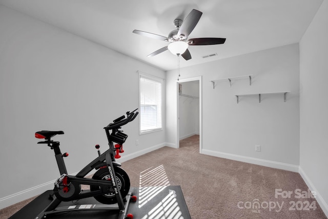 exercise room with ceiling fan and light colored carpet