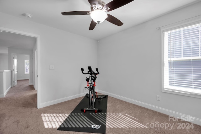 workout room with ceiling fan, plenty of natural light, and light colored carpet