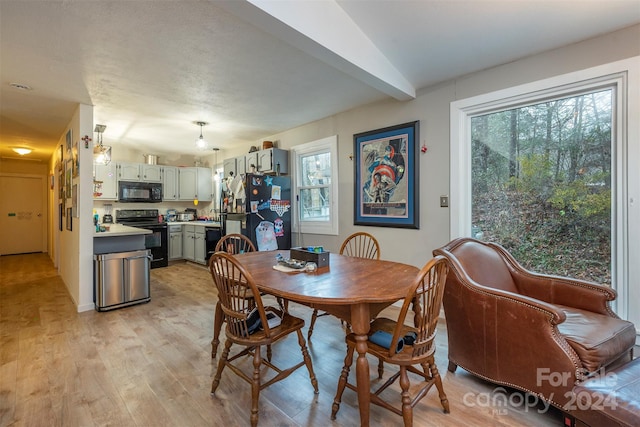 dining space featuring a wealth of natural light, vaulted ceiling, and light wood-type flooring