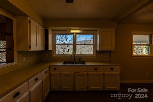 kitchen with a textured ceiling, backsplash, white cabinetry, and sink