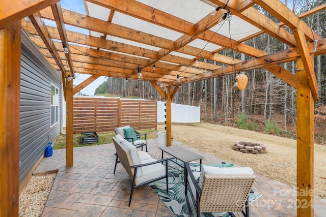 view of patio / terrace featuring an outdoor living space with a fire pit