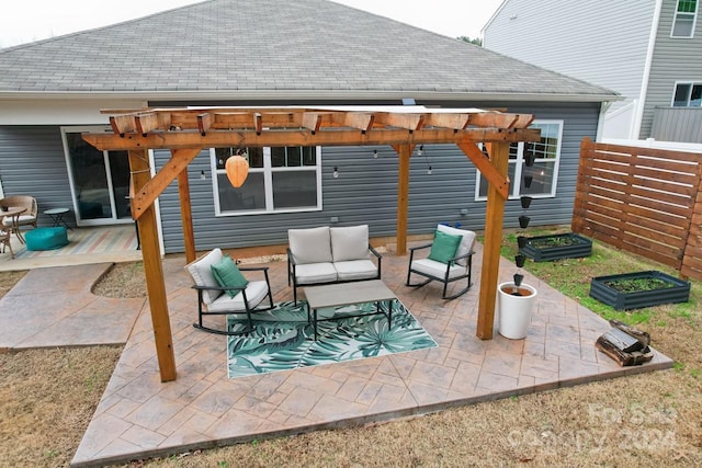 view of patio featuring outdoor lounge area and a pergola