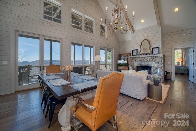 dining room with a mountain view, high vaulted ceiling, a wealth of natural light, and dark wood-type flooring