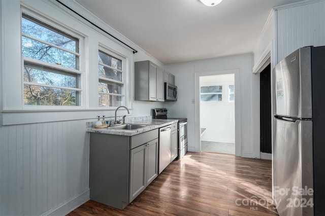 kitchen featuring stainless steel appliances, gray cabinets, dark wood-type flooring, and sink