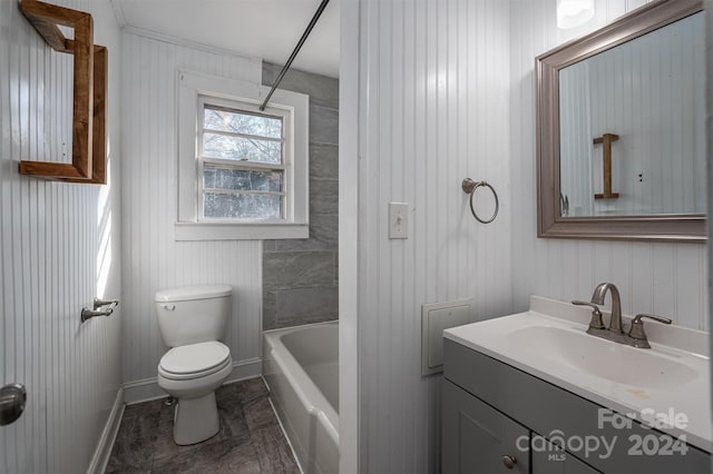 full bathroom featuring wood walls, vanity, shower / bathtub combination, and toilet