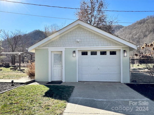 garage with a mountain view