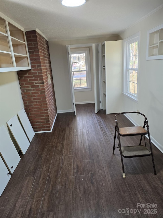 unfurnished room featuring ornamental molding, built in features, plenty of natural light, and dark wood-type flooring