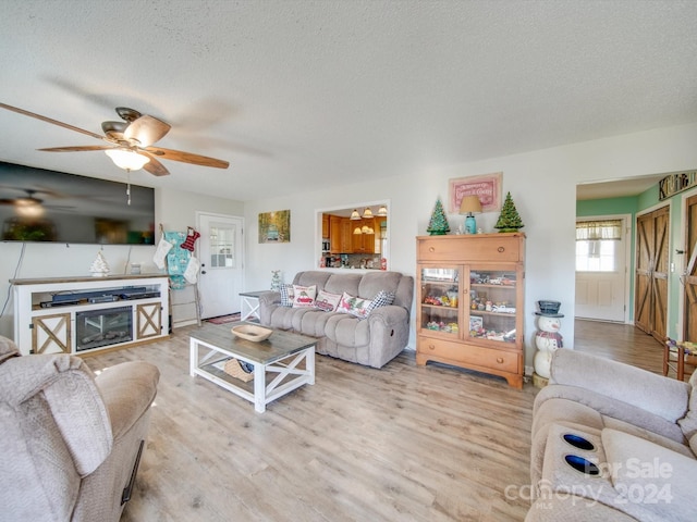 living room featuring light hardwood / wood-style floors and a textured ceiling