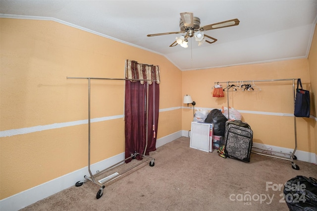 exercise room with carpet flooring, ceiling fan, and vaulted ceiling