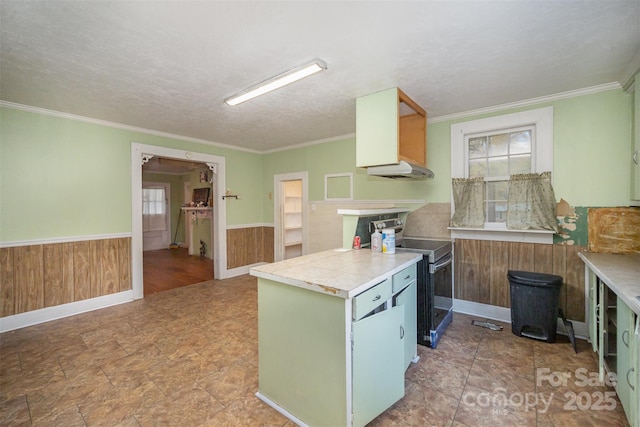 kitchen with wood walls, a textured ceiling, and electric stove