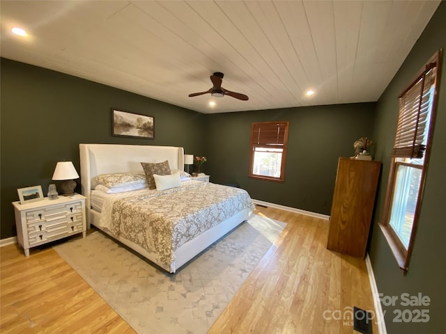 bedroom featuring wood ceiling, light hardwood / wood-style floors, and ceiling fan