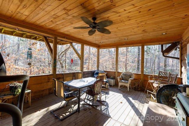 sunroom featuring ceiling fan and wood ceiling