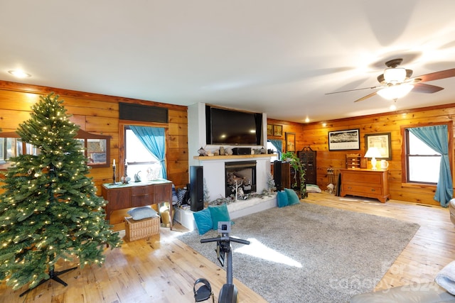 living room with light wood-type flooring, a wealth of natural light, and wooden walls