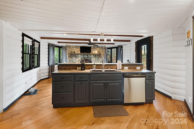 kitchen with sink, vaulted ceiling with beams, stainless steel dishwasher, wooden walls, and light wood-type flooring