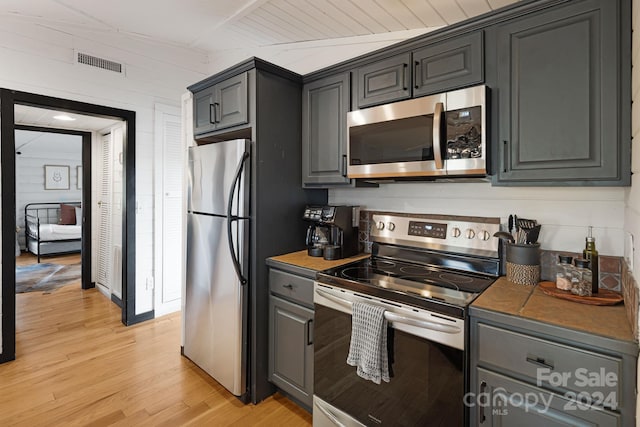 kitchen featuring gray cabinetry, light hardwood / wood-style floors, wood ceiling, and appliances with stainless steel finishes