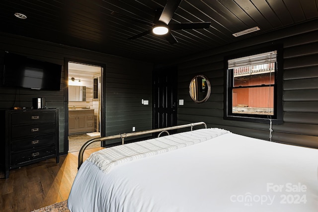 bedroom with ceiling fan, wood walls, wood-type flooring, and wood ceiling