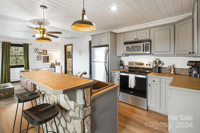 kitchen featuring appliances with stainless steel finishes, light hardwood / wood-style floors, ceiling fan, sink, and gray cabinets